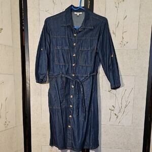 Blue Cuffed Sleeve Casual Dress with Collar